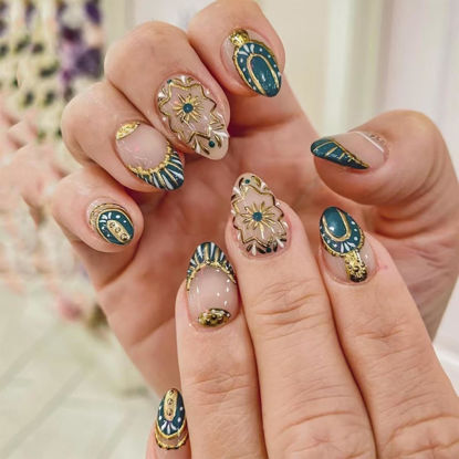Picture of Green French Tip Press on Nails Short Almond Fake Nails Nude False Nails with Design Gold Line Glue on Nails Glossy Acrylic Full Cover Brown point Stick on Nails for Women Girls Manicure 24pcs