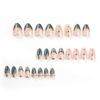 Picture of Green French Tip Press on Nails Short Almond Fake Nails Nude False Nails with Design Gold Line Glue on Nails Glossy Acrylic Full Cover Brown point Stick on Nails for Women Girls Manicure 24pcs