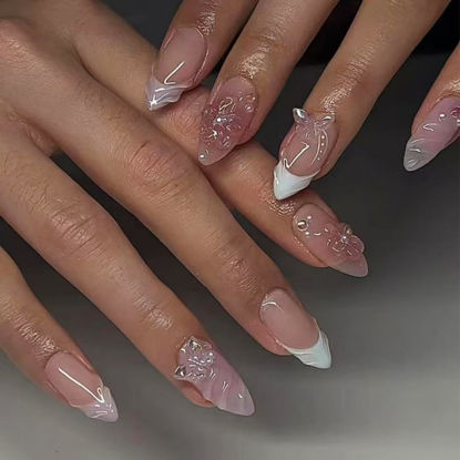 Picture of White French Tip Press on Nails 3D Flower Fake Nails with Pearl Design Butterfly Glue on Nails Glossy Acrylic Full Cover Nude Stick on Nails Short Almond False Nails for Women Manicure 24Pcs