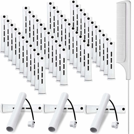 Picture of 48 Pieces Hair Perm Rods Short Cold Wave Rods Plastic Perming Rods Hair Curling Rollers Curlers with Steel Pintail Comb Rat Tail Comb for Hairdressing Styling Supplies (White, 0.63 Inch)