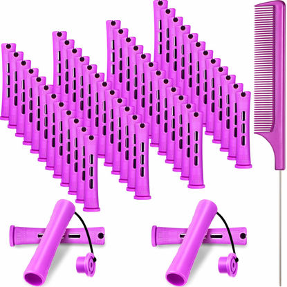 Picture of 48 Pieces Hair Perm Rods Short Cold Wave Rods Plastic Perming Rods Hair Curling Rollers Curlers with Steel Pintail Comb Rat Tail Comb for Hairdressing Styling Supplies (0.75 Inch, Purple)