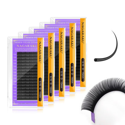 Picture of NAGARAKU 5 Trays Eyelash Extensions Individual Lashes 0.15mm D curl 11/12/13/14/15mm in 1 pack Classic Matte Black Natural Professional Faux Mink 16 rows