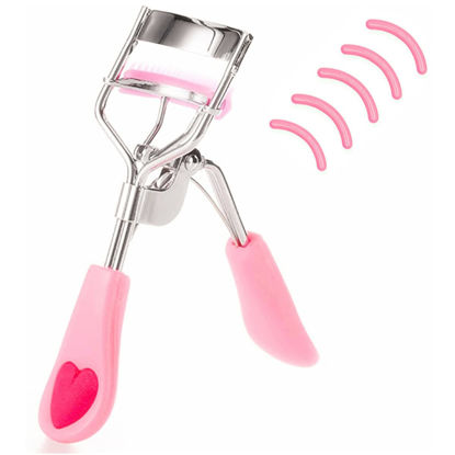 Picture of MERVK Stainless Steel Eyelash Curler with Built-in Comb Pinch Pain-Free Suitable for Any Eye Shapes and Sizes, with 5 Silicone Refill Pads (Light Pink)
