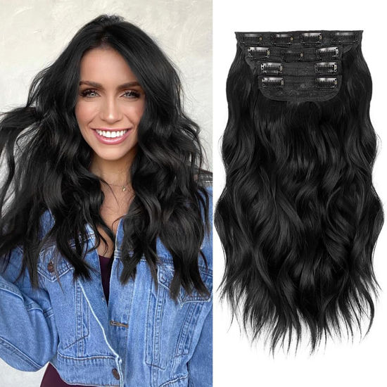 Picture of ALXNAN Clip in Long Wavy Synthetic Hair Extension 16 Inch Black 4PCS Thick Hairpieces Fiber Double Weft Hair for Women