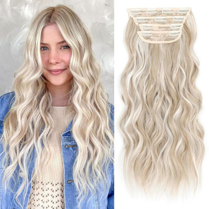 Picture of ALXNAN Clip in Long Wavy Synthetic Hair Extension 20 Inch Ash Blonde Mix Highlights 4PCS Thick Hairpieces Fiber Double Weft Hair for Women