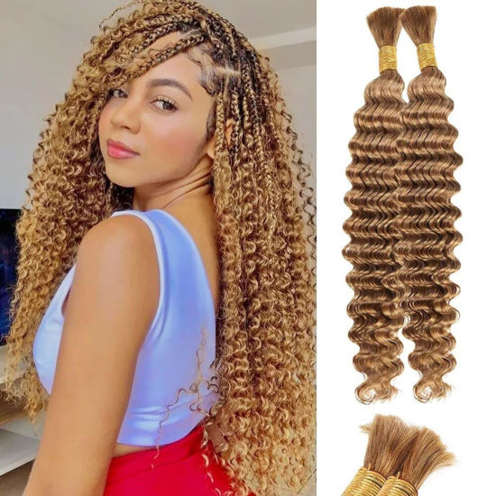 Picture of Blonde Human Braiding Hair Deep Water Wave Bulk Human Hair 100g 16 Inch Color 27 Curly Human Hair for Boho Braids Hair Extensions No Weft 2 Braids Per Pack Wet and Wavy Human Hair Braiding Hair