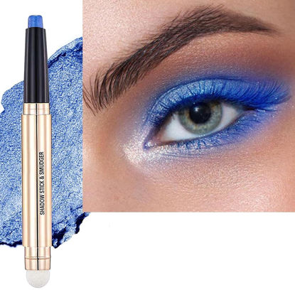 Picture of SAUBZEAN Blue Eyeshadow Stick Makeup, Highlighter Matte Cream Eye Shadow Pencil, Waterproof Hypoallergenic Long Lasting Crayon, Glitter Primer Palette Shimmer Eyeliner Pen wiht Soft Brush