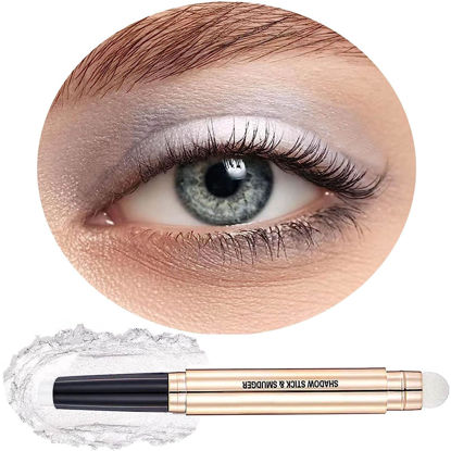 Picture of SAUBZEAN White Eyeshadow Stick Makeup, Highlighter Matte Cream Eye Shadow Pencil, Waterproof Hypoallergenic Long Lasting Crayon, Glitter Primer Palette Shimmer Eyeliner Pen wiht Soft Brush