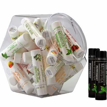Picture of 32-Pack Lip Balm in Bulk by Naturistick. Assorted Scents. 100% Natural Ingredients. Includes Mini Display Fishbowl. Best Beeswax Chapstick for Dry, Chapped Lips. Made in USA