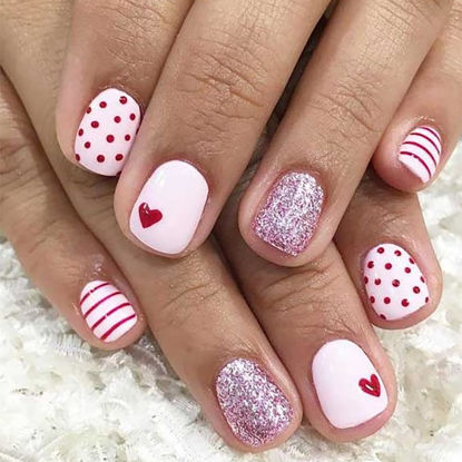Picture of Valentines Nails Press on Nails Short Square Heart Fake Nails 24Pcs Glitter Design Valentines Day Nails with Glue Valentines Red Heart Full Cover False Nails for Women and Girls DIY Manicure
