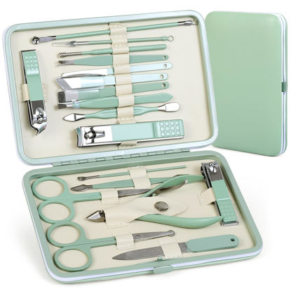 Picture of Manicure Set Pedicure Kit Nail Clippers Set Fingernail Clipper Set Ingrown Toenail Nail Kit Scissor Nail Trimmer Kit 18 Pieces Women and Men’s Care Grooming Tools with Fine Case (Tea Green_18 Pieces)