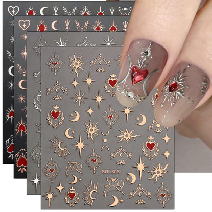 Picture of JMEOWIO 9 Sheets Moon Star Nail Art Stickers Decals Self-Adhesive Pegatinas Uñas Sun Nail Supplies Nail Art Design Decoration Accessories