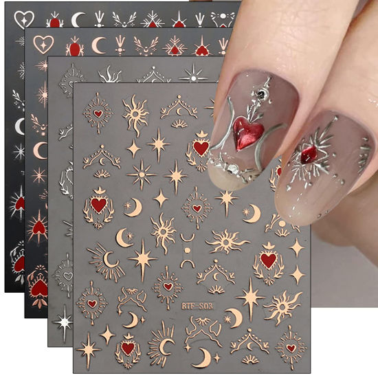 Picture of JMEOWIO 9 Sheets Moon Star Nail Art Stickers Decals Self-Adhesive Pegatinas Uñas Sun Nail Supplies Nail Art Design Decoration Accessories
