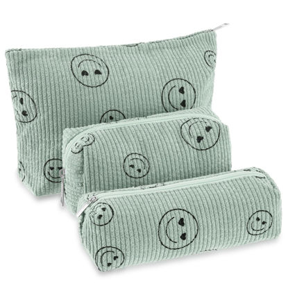 Picture of Huhumy 3 Pcs Makeup Bag Corduroy Cosmetic Bag Aesthetic Cute Preppy Makeup Bags for Women Smile Small Makeup Purse Pouch Travel Toiletry Bag Set Makeup Organizer with Zipper(Green, Smile Face)