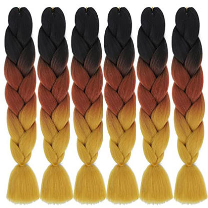 Picture of Xiaofeng Braiding Hair Extensions for Women 6 Packs 100g/Pack 24Inch High Temperature Ombre Jumbo Synthetic Braiding Hair for Twist Crochet Braids (24 Inch, black-red brown-blonde)