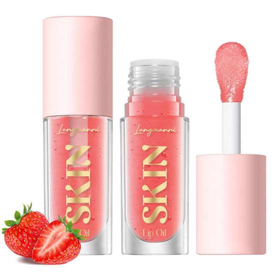 Picture of BANGFENG Big Brush Head Lip Glow Oil Plumping Tint, Tinted Lip Balm Transparent Lip Care, Moisturizing Non-sticky Fresh Shiny Texture Lip Oil - Strawberry (Pink)