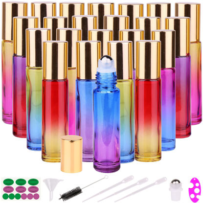 Picture of inice 24 10ml Essential Oils Roller Bottles Gradient Color Thick Glass Roll on Bottle Golden Metal Cap for Travel