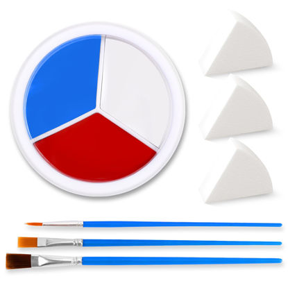 Picture of 3 Colors Face Body Paint [Blue White Red] + 3pc Sponge + 3pc Brush, USA Themed Accessories Flag Color Eye Black for Sport, Face Paint Halloween Makeup Kit for Clown Vampire Harley Quinn Joker Makeup