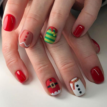 Picture of 24Pcs Square Christmas Press on Nails Short Fake Nails Matte Red Green Christmas Acrylic Nails Full Cover Snowman Glue on Christmas Nails Winter Stick on Nails for Women Christmas Day Manicure DIY