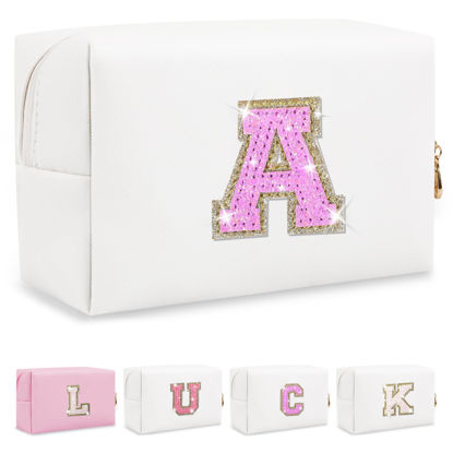 Picture of Personalized Initial Letter Makeup Bag, Preppy Glitter Letter Patch Cosmetic Pouch Zipper,PU Waterproof Travel Toiletry Bag Cute Makeup Organizer Monogrammed Make Up Bag,Gift for Women Girls(Letter A)