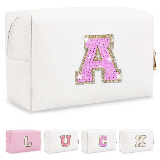 Picture of Personalized Initial Letter Makeup Bag, Preppy Glitter Letter Patch Cosmetic Pouch Zipper,PU Waterproof Travel Toiletry Bag Cute Makeup Organizer Monogrammed Make Up Bag,Gift for Women Girls(Letter A)