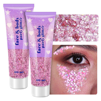 Picture of Body Glitter Gel, 2 Jars Face Glitter Gel Sequins Shimmer for Hair, Lip, Eyeshadow, Nails, Chunky and Powder Mixed Glitter Gel, Holographic Cosmetic Flakes for Festival, Glitter Makeup 120ml (Pink)