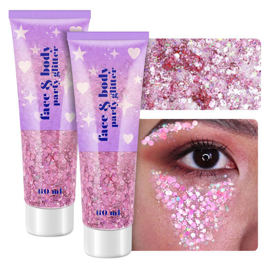 Picture of Body Glitter Gel, 2 Jars Face Glitter Gel Sequins Shimmer for Hair, Lip, Eyeshadow, Nails, Chunky and Powder Mixed Glitter Gel, Holographic Cosmetic Flakes for Festival, Glitter Makeup 120ml (Pink)