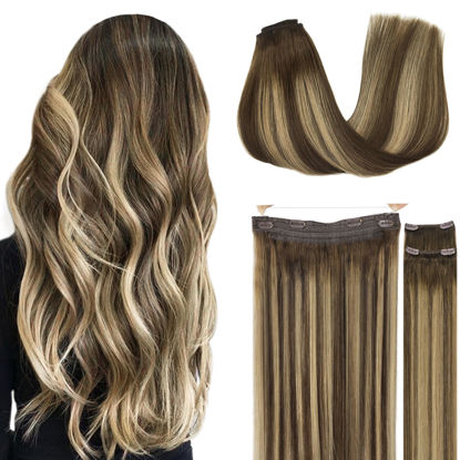 Picture of GOO GOO Wire Hair Extensions Human Hair, 4/27/4 Chocolate Brown with Caramel Blonde Balayage 18inch 125g, Invisible Wire Hair Extensions with Transparent, Seamless Fish Line Hairpiece