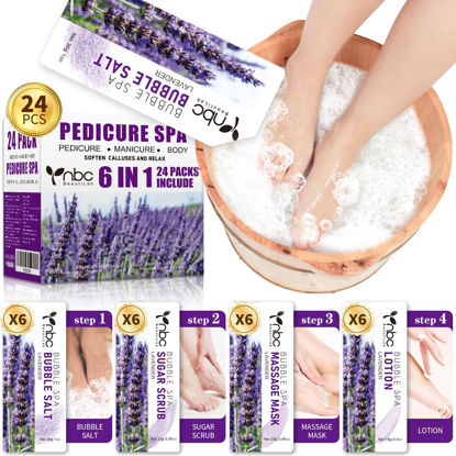Picture of nbc BeautiLab 24 PCS Foot Soak, Pedicure Kit Foot Soak Set With Bubble Salt, Sugar Scrub, Massage Mask, Massage Lotion In a Box 4 Step Foot Spa Kit For Dry Cracked Feet, Tired Feet, 6 Set Lavender