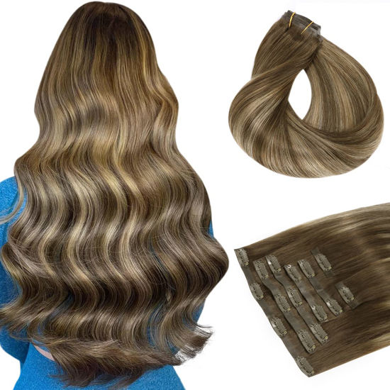 Picture of HOTBANANA Seamless Clip in Hair Extensions 20 inch 150g 7pcs Chocolate Brown with Honey Blonde Clip in Remy Human Hair Extensions Straight Hair Invisible PU Skin Weft