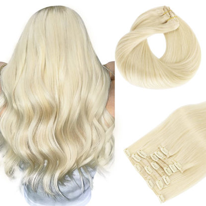 Picture of HOTBANANA Clip in Hair Extensions, Platinum Blonde Clip in Hair Extensions Real Human Hair Straight Remy Hair Clip in Hair Extensions 24 inch 120g 7pcs