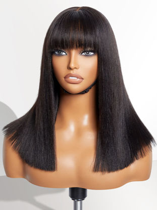 Picture of LUVME HAIR 14 Inch Light Yaki Straight Bob Wig with Bangs Human Hair Realistic HD Lace Short Black Bob Wigs, Ready to Go Blunt Cut Bob Wig Glueless 180 Density