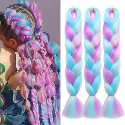 Picture of MAYSA Jumbo Braiding Hair Mix Four Colorful Braiding Hair 3Pcs 24 Inch Rainbow Colors Soft Synthetic Fiber Braids Extensions #Pink-Purple-Blue-Green