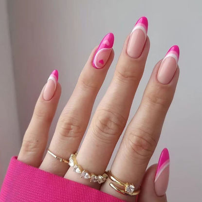 Picture of Foccna Pink Press on Nails Medium Length French False Nails Full Cover Almond Daisy Acrylic Fake Nails Glossy Nails for Women and Girls-24 pcs