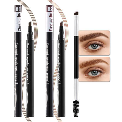 Picture of Kaely 2Pcs Chestnut Brown Microblading Eyebrow Pen Waterproof,Magic Eyebrow Pencil with Brow Brush,4 Tip Precise Eye Brow Pencils for Women Makeup,lapiz de cejas a prueba de agua,Sponge Head 01+02