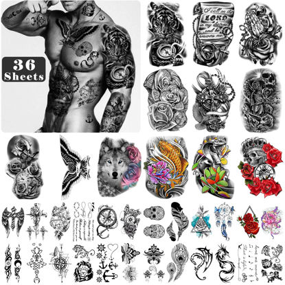 Picture of Yazhiji 36 Sheets Temporary Tattoos Stickers Include 12 Sheets Large Stickers Fake Body Arm Chest Shoulder Tattoos for Men and Women