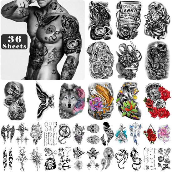 Picture of Yazhiji 36 Sheets Temporary Tattoos Stickers Include 12 Sheets Large Stickers Fake Body Arm Chest Shoulder Tattoos for Men and Women