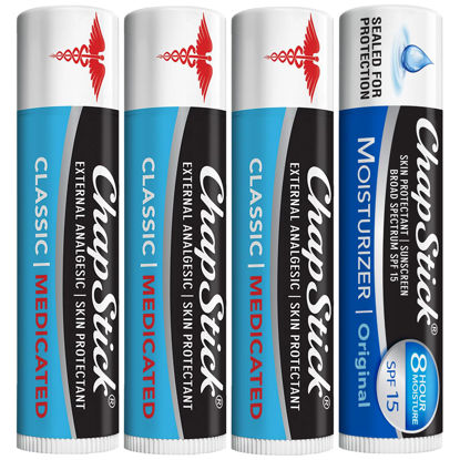 Picture of ChapStick Dry Lips & Cold Sore Pain Relief Bundle - Classic Medicated ChapStick 3-Pack + Original Moisturizer Lip Balm with SPF 15, 0.15 Oz Ea (4 Piece Set)