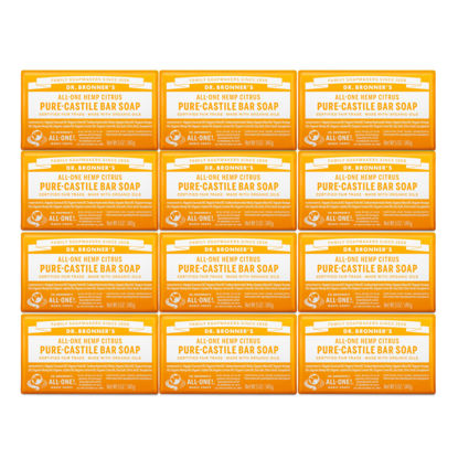 Picture of Dr. Bronner's - Pure-Castile Bar Soap - Citrus, Made w/Organic Oils, For Face, Body, & Hair, Gentle & Moisturizing, Smooth Lather, Biodegradable, Vegan, Cruelty-Free, Non-GMO (5oz, 12-Pack)