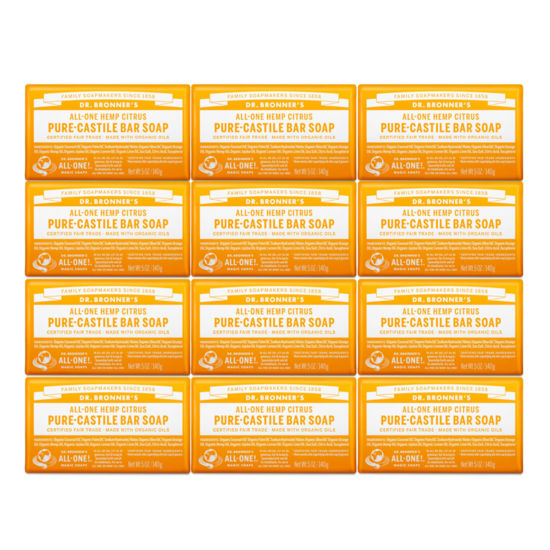 Picture of Dr. Bronner's - Pure-Castile Bar Soap - Citrus, Made w/Organic Oils, For Face, Body, & Hair, Gentle & Moisturizing, Smooth Lather, Biodegradable, Vegan, Cruelty-Free, Non-GMO (5oz, 12-Pack)