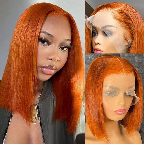 Picture of Flady Ginger Orange Bob Wig Human Hair 13x4 HD Lace Front Wigs Human Hair Pre Plucked with Small Knots 150% Density 350# Colored Lace Frontal Bob Wigs Straight Bob Wigs for Black Women 14 inch
