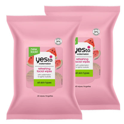 Picture of Yes To Face Wipes for Women and Men, Refreshing Facial Cleansing Wipes for use as a Make Up Remover, Cleaning, Soothing, Watermelon (Pack of 2)