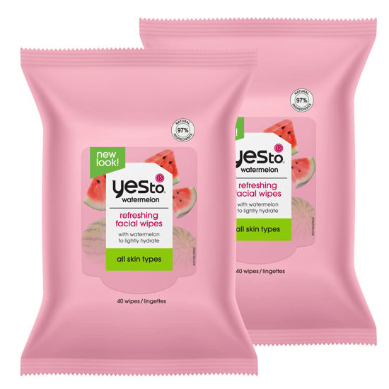 Picture of Yes To Face Wipes for Women and Men, Refreshing Facial Cleansing Wipes for use as a Make Up Remover, Cleaning, Soothing, Watermelon (Pack of 2)