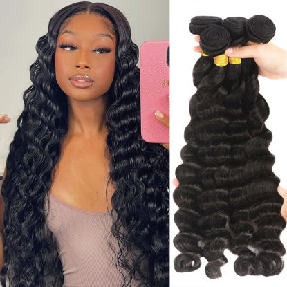 Picture of Brazilian Loose Deep Wave 4 Bundles Loose Wave Human Hair Bundles 100% Unprocessed Virgin Remy Loose Deep Wave Human Hair Bundles for Black Women 10 12 14 16 Can Be Dyed and Bleached Natural Black
