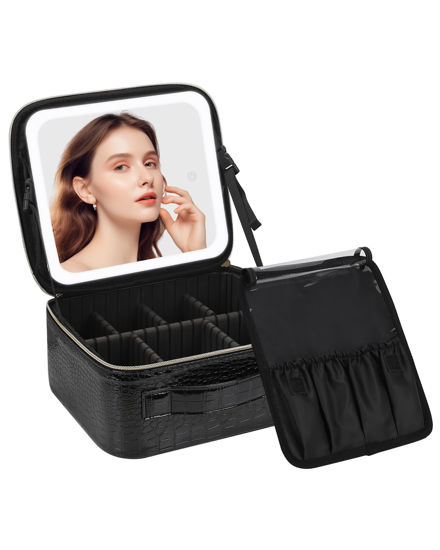 Picture of Chomeiu Makeup Bag with LED Mirror, Travel Makeup Case for Women and Makeup Artists Cosmetic Organizer Large Make Up Bags with Light Up Mirror, 3 Color Lights, Adjustable Dividers, Crocodile Pattern