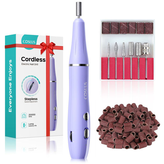 Picture of Cordless Electric Nail Drill File: COSLUS Nail Drill Machine with Stepless Speed Knob for Acrylic Gel Dip Powder Polish, Professional Portable Manicure Pedicure Kit Rechargeable for Home Salon Use