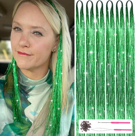 Picture of MISSUHUI Hair Tinsel Kit with Tools 47Inch 1200 Strands Fairy Hair Tinsel Heat Resistant Glitter Tinsel Hair Extensions Sparkling Shiny Hair Tinsel Strands Kit for Women Girls 6Pcs (Green)