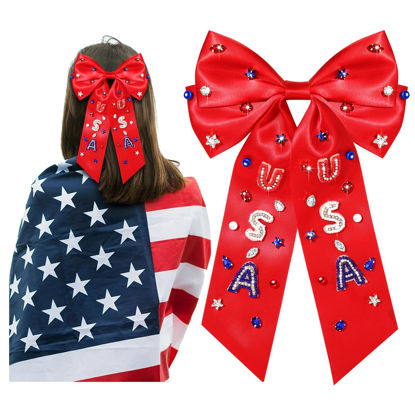 Picture of 4th of July Hair Bows for Women Fourth Of July Hair Accessories Outfits Silky Satin Red White and Blue Hair Bows American Flag Star Patriotic Hair Ribbon Bow Clips Gifts Party Favors (Red 5)
