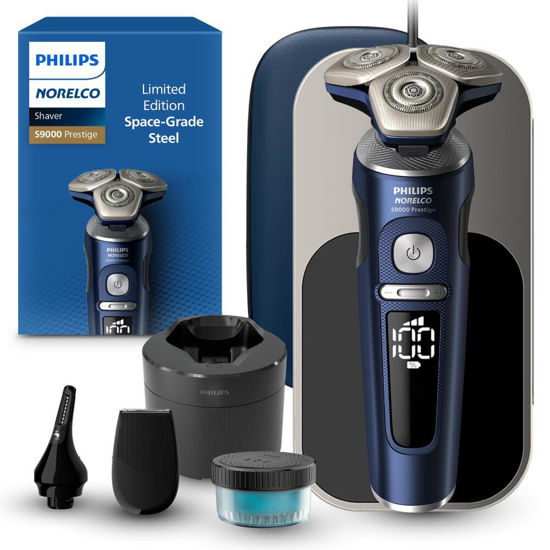Picture of Philips Norelco Shaver Series 9000 Prestige, Wet and Dry Electric Shaver, System, SenseIQ Technology, Precision Trimmer, Nose Trimmer, Qi Charging Pad, Cleaning Pod, Adriatic Blue, SP9886/89