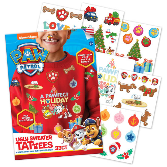 Picture of Savvi - Paw Patrol Ugly Sweater Kit, 33 Fabric Temporary Tattoos: Gifts for Kids Ages 6+, Holiday Tattoo, Made in the USA [6 Sheets, 33 Count]